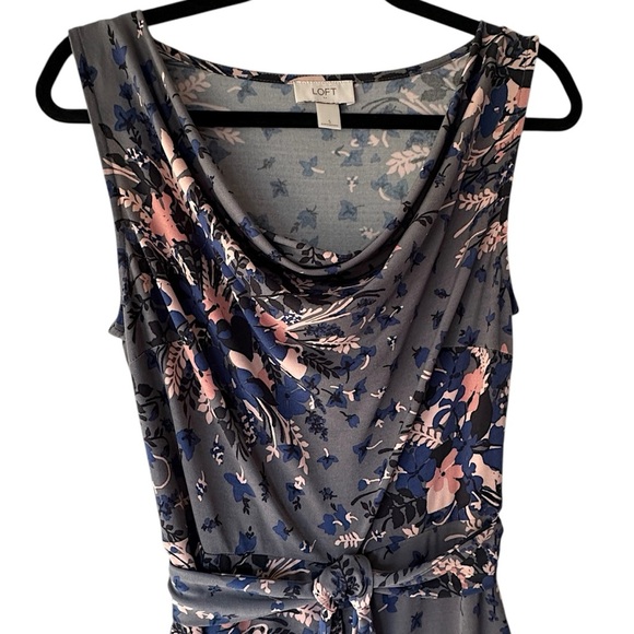LOFT NWOT FLORAL SWING DRESS COWL NECKLINE SLEEVELESS TIE WAIST GRAY PINK SMALL - Picture 2 of 9